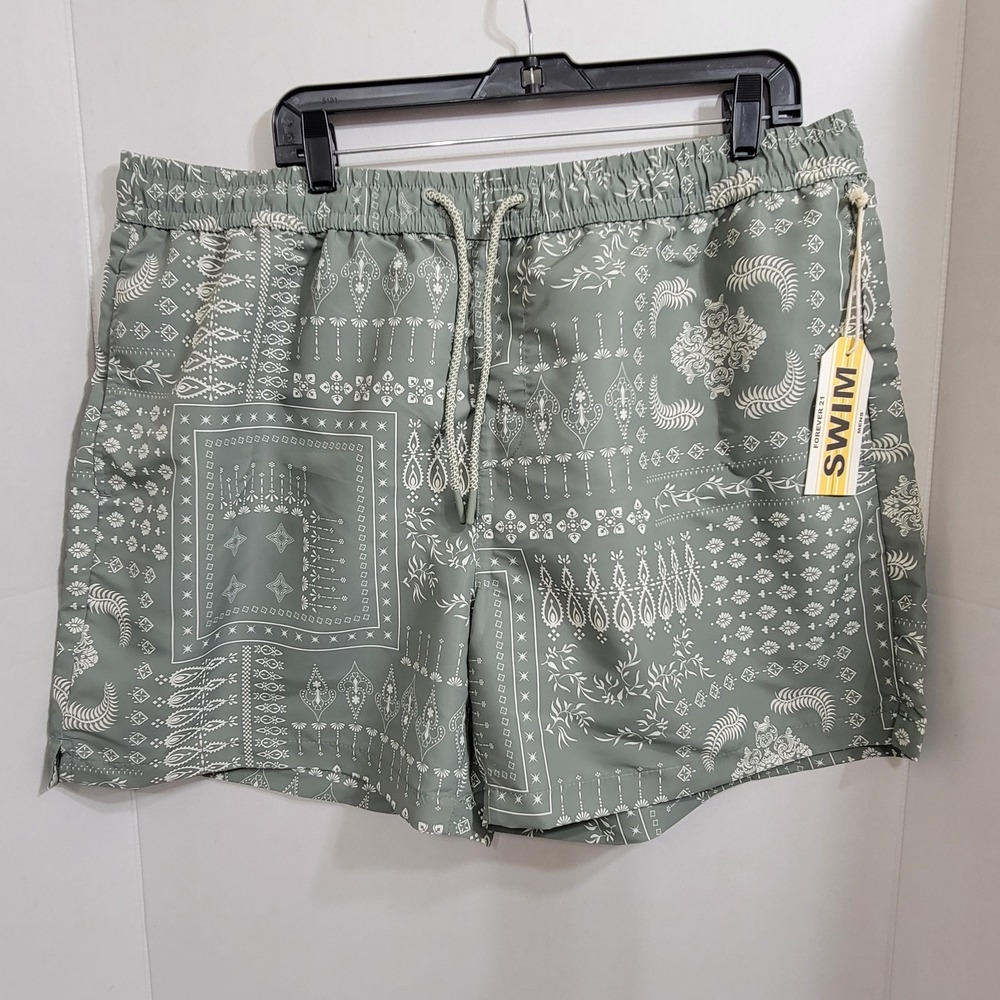 NEW Forever 21 Mens‎ Swim Trunks Size 2XL SAGE Green Multi Graphic Print Lined